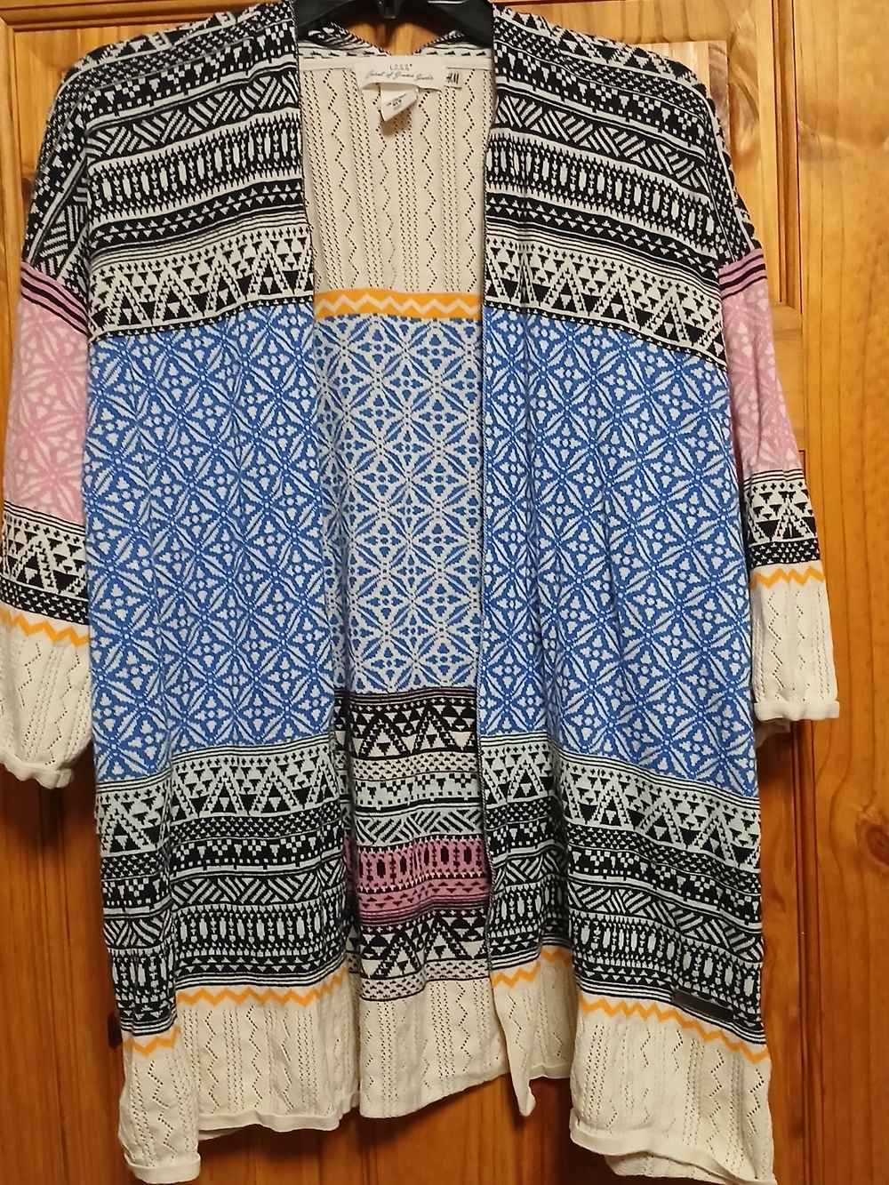 H&M Multicolor Patterned Open Cardigan - Blue, Pink, Black, White, Yellow